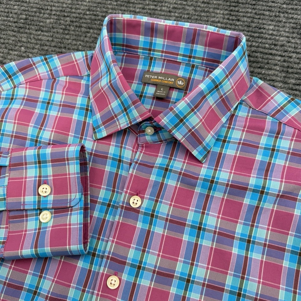 Peter Millar Summer Comfort L/S Shirt Men's Size Large Plaid Button Performance